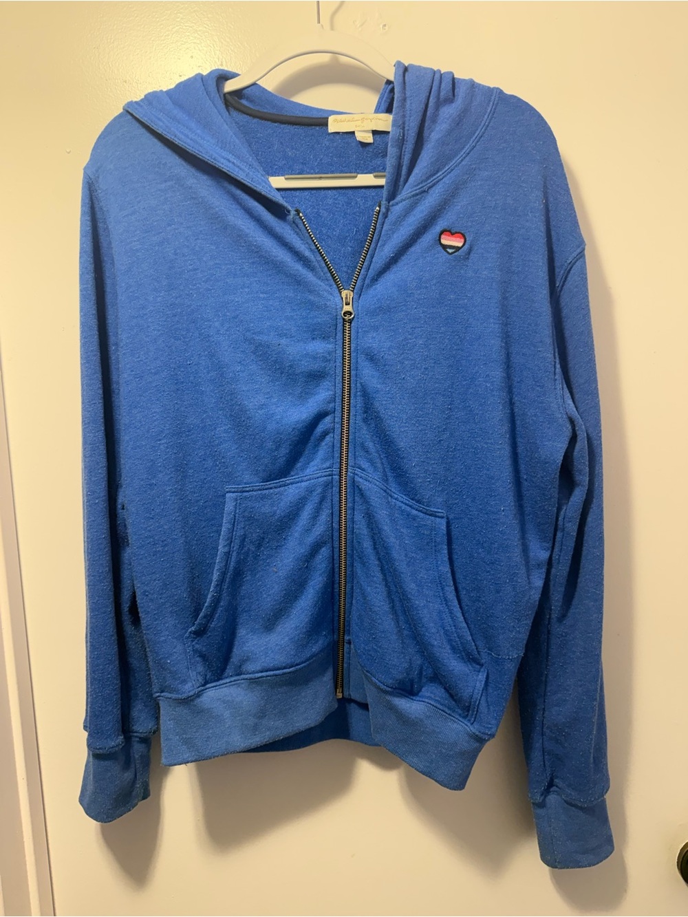 Spiritual gangster Blue Zip-Up Hoodie with embroidered rainbow Heart Patch